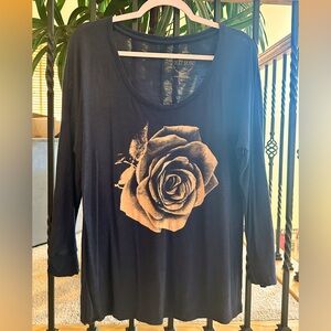 Lucky Brand Navy Blue Rose Graphic 3/4 Sleeve Tunic Large